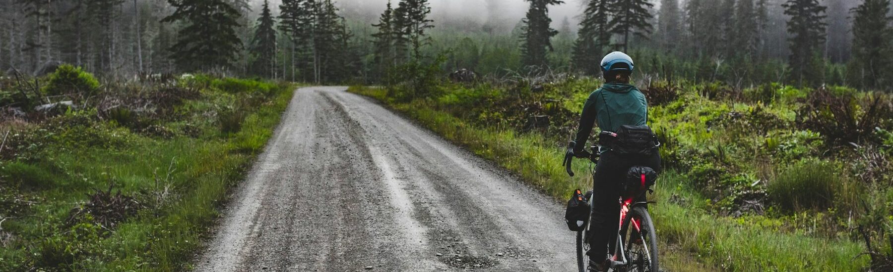 Cyclist riding a wet gravel road through a misty forest