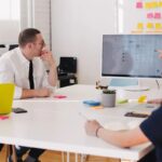 The team around a long white table, looking at a monitor on a wall of sticky notes