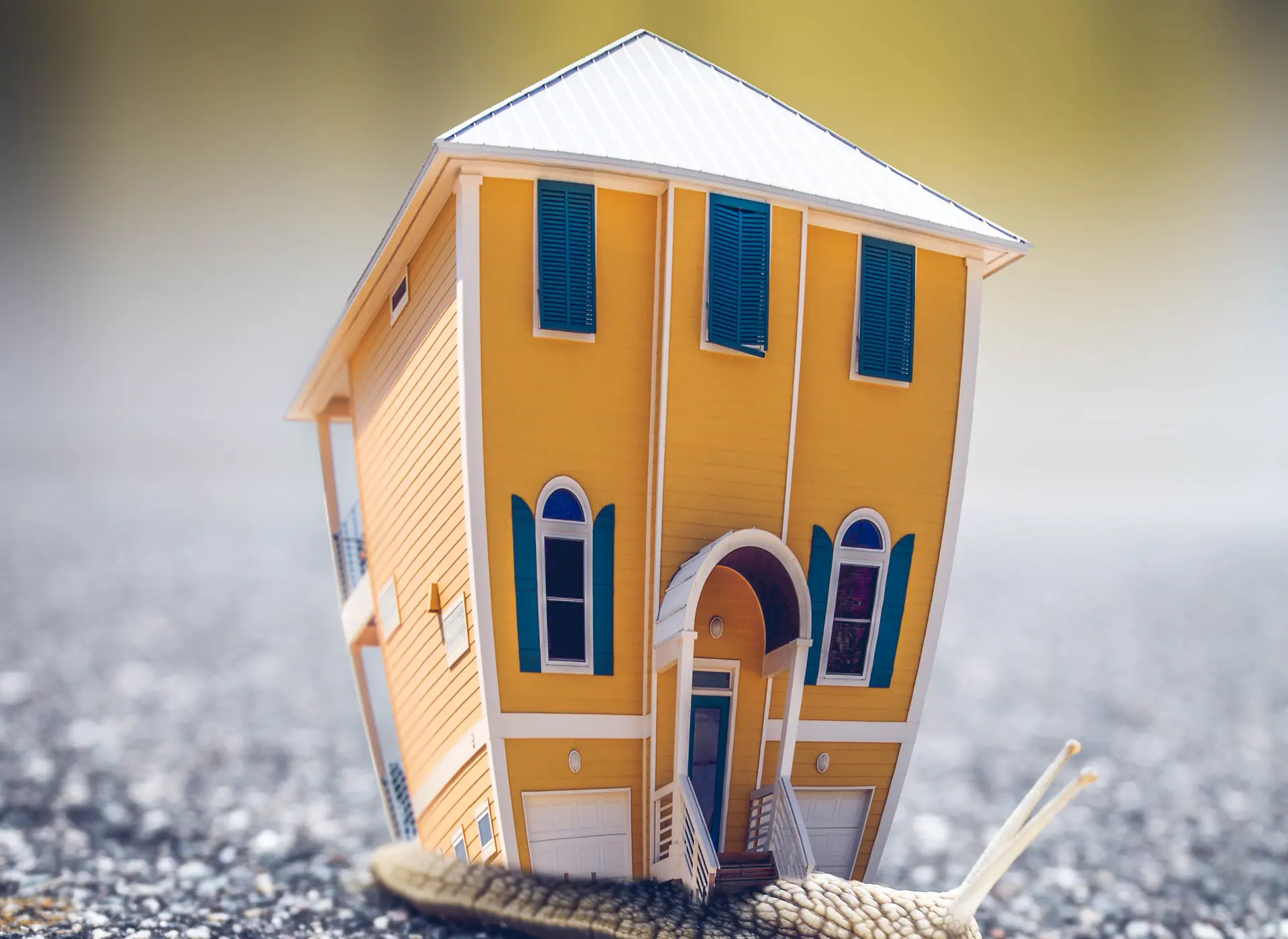 A miniature yellow clapboard house with a crooked roof, riding on a snail's shell across gravel