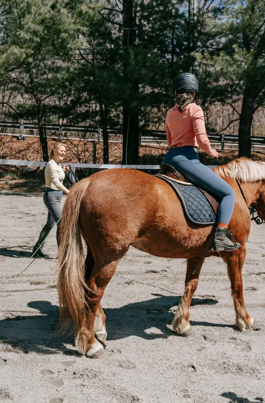 A rider in a helmet on a chestnut horse in a sand arena, her instructor walking behind