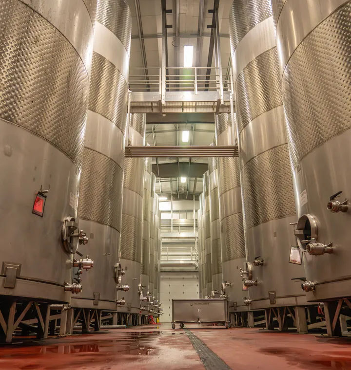 Tall stainless fermentation tanks lining both sides of a brewery hall