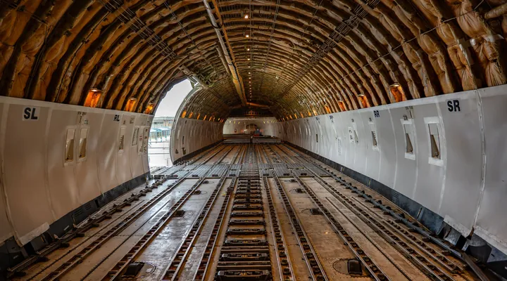 The empty main deck of a cargo aircraft, its roller floor lit from the open nose