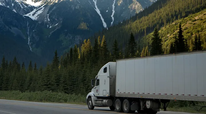 A white articulated truck on a mountain road below snow-capped peaks