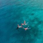 Four snorkellers floating together in clear turquoise water over a pale reef in the Maldives, seen from above