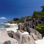 Granite boulders and palms at the edge of a white beach on La Digue, the water clear and pale blue under a deep blue sky