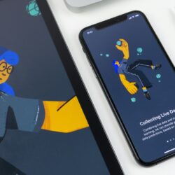 Illustrated onboarding screens on a tablet and phone
