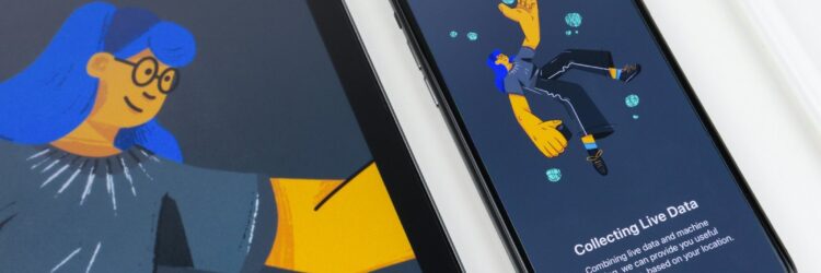 Illustrated onboarding screens on a tablet and phone