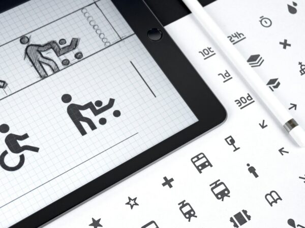 Riverline Transit wayfinding icons on a tablet and a printed sheet