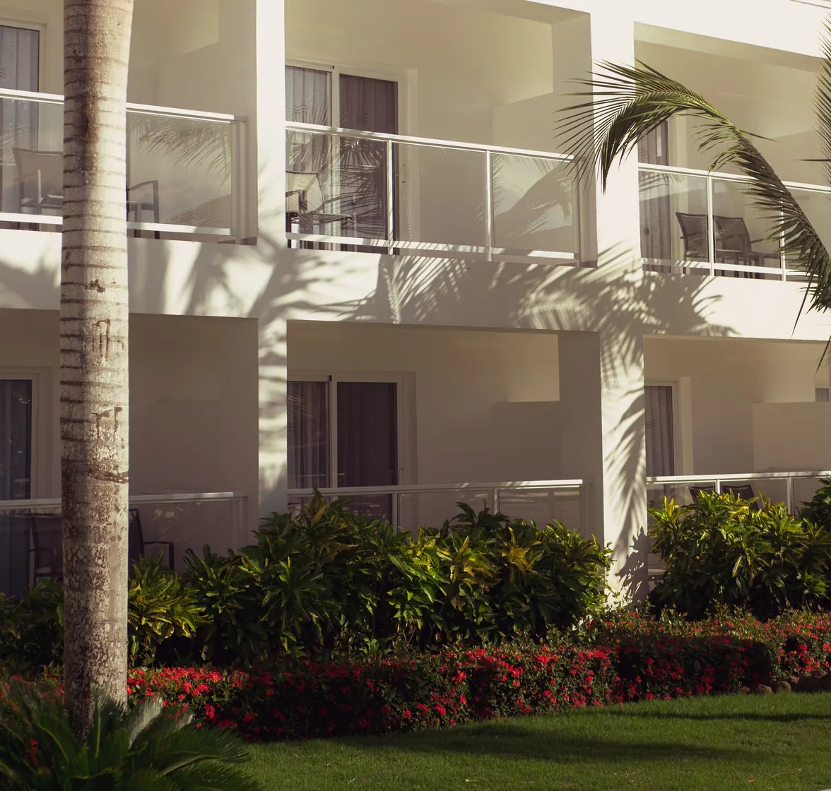 A white hotel with balconies behind a palm tree and a garden of red flowers