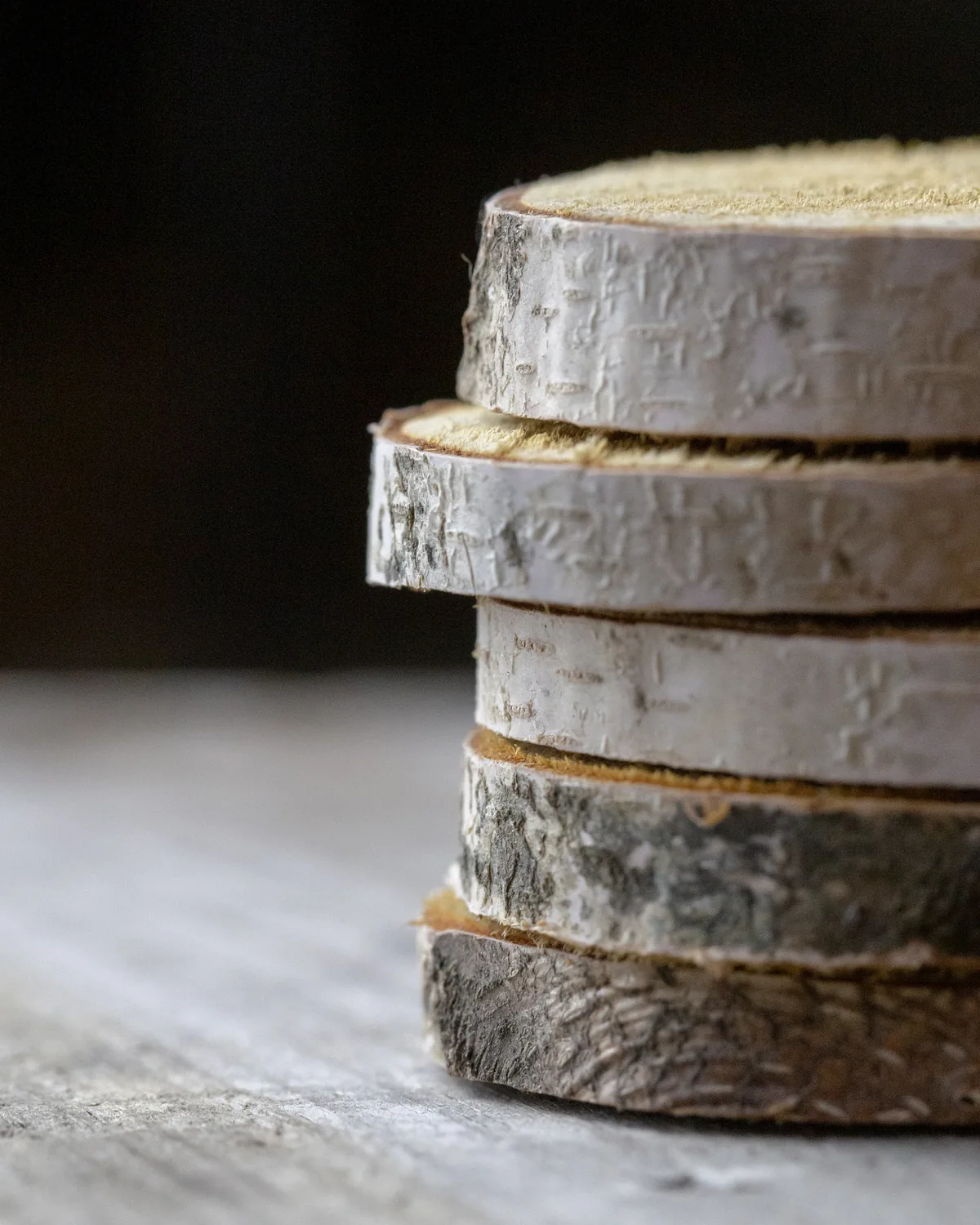 A stack of round timber coasters cut from a branch