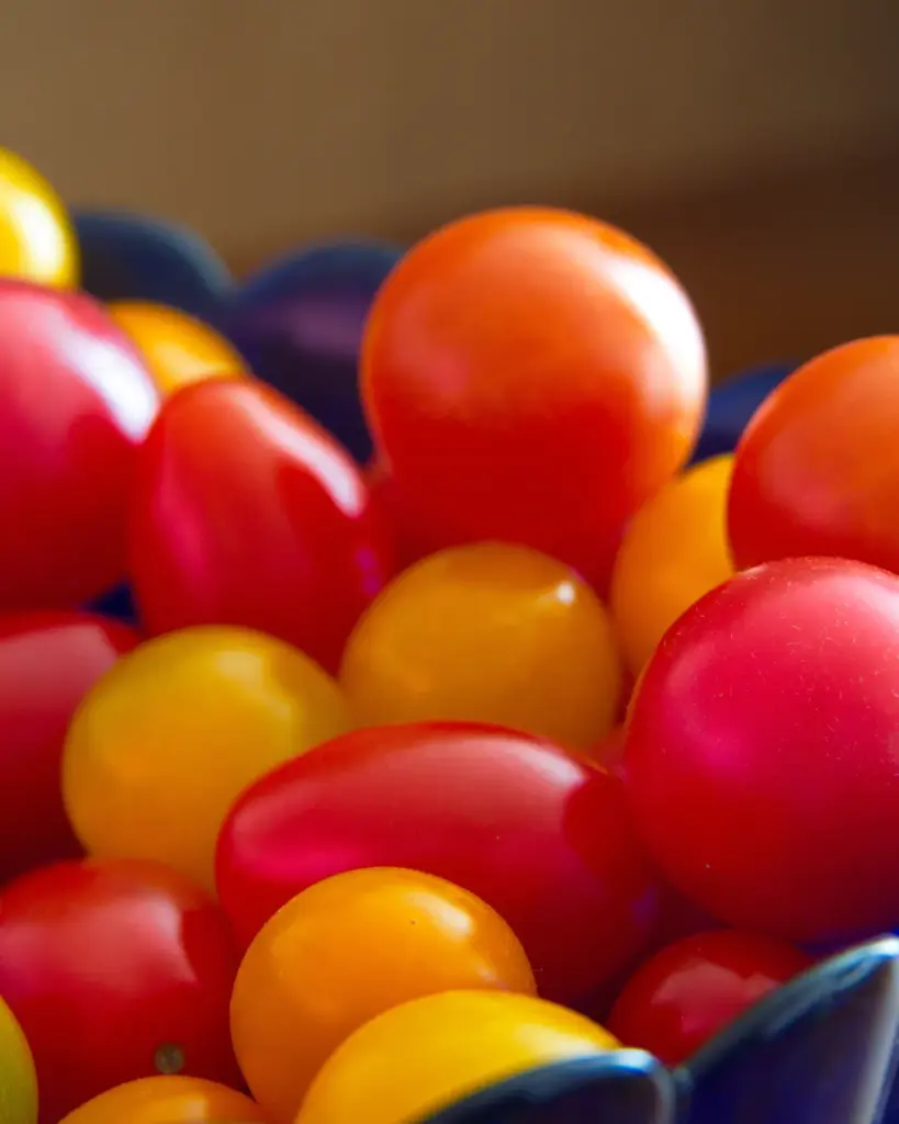 Red, orange and yellow cherry tomatoes in a bowl