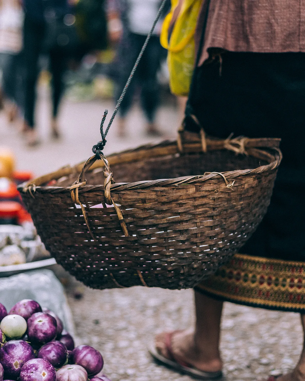 A woven basket of shopping carried through a market