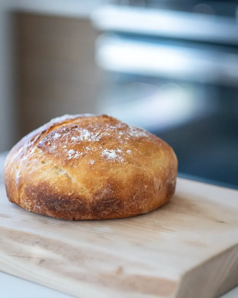 A round sourdough loaf on a wooden board