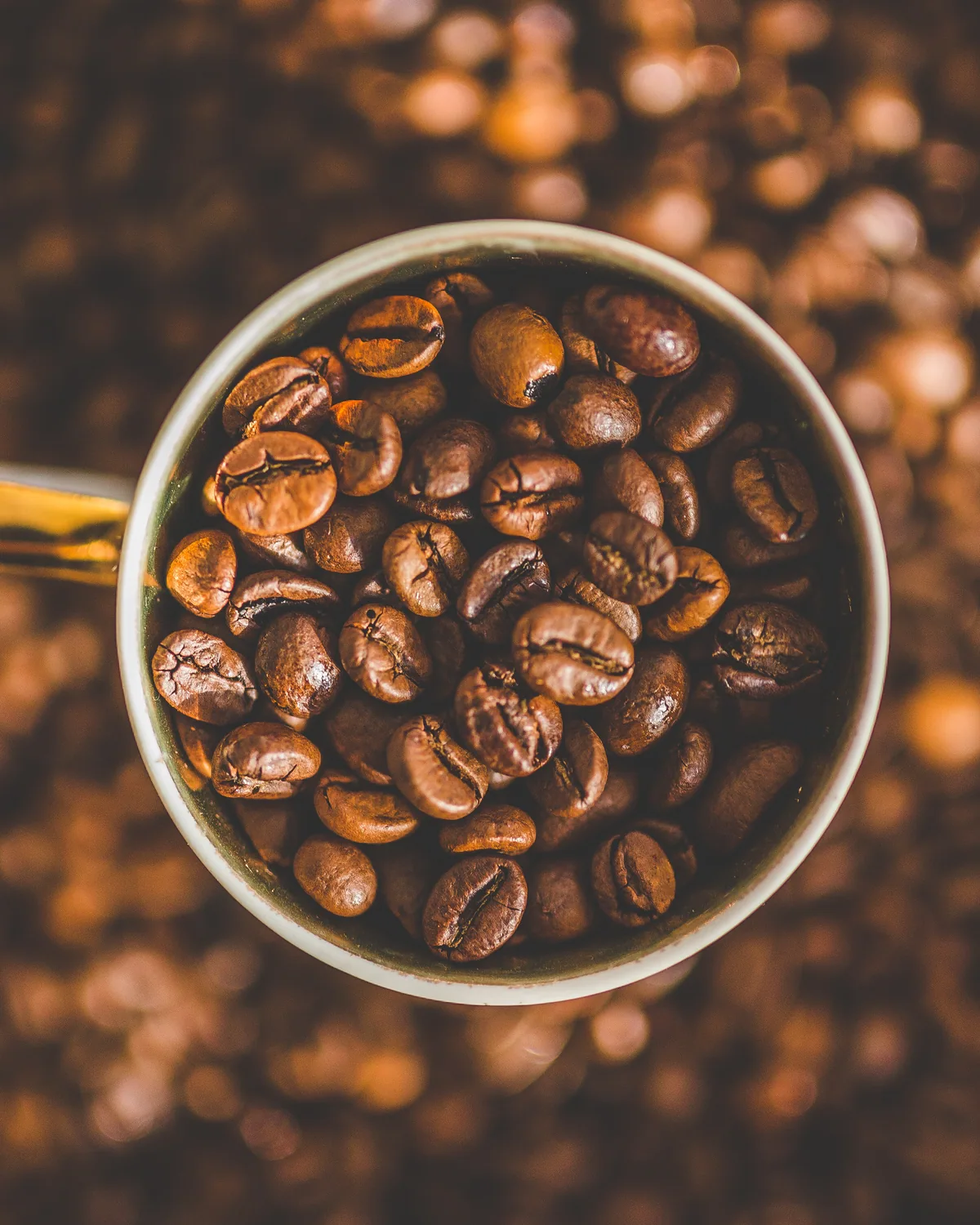 A white enamel cup filled with roasted coffee beans, seen from above