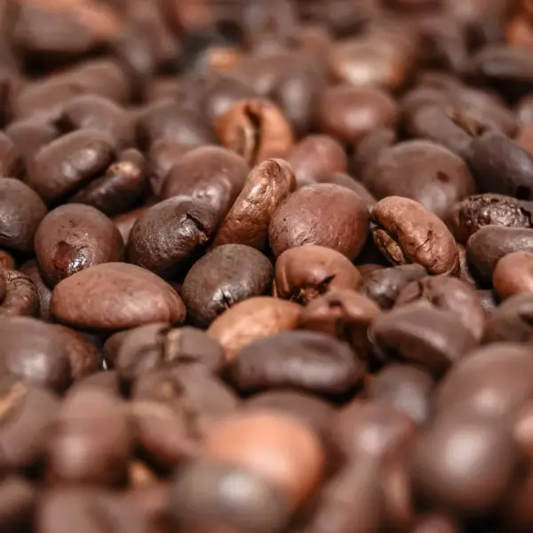 Medium-roast coffee beans filling the frame, tan and chocolate brown
