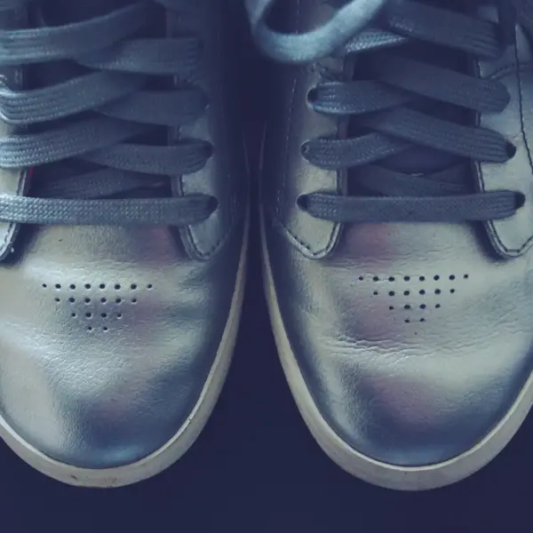 Metallic silver-blue leather low-tops shot from directly above