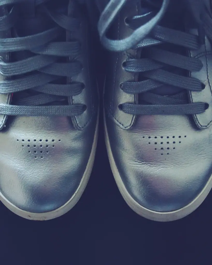 Metallic silver-blue leather low-tops shot from directly above