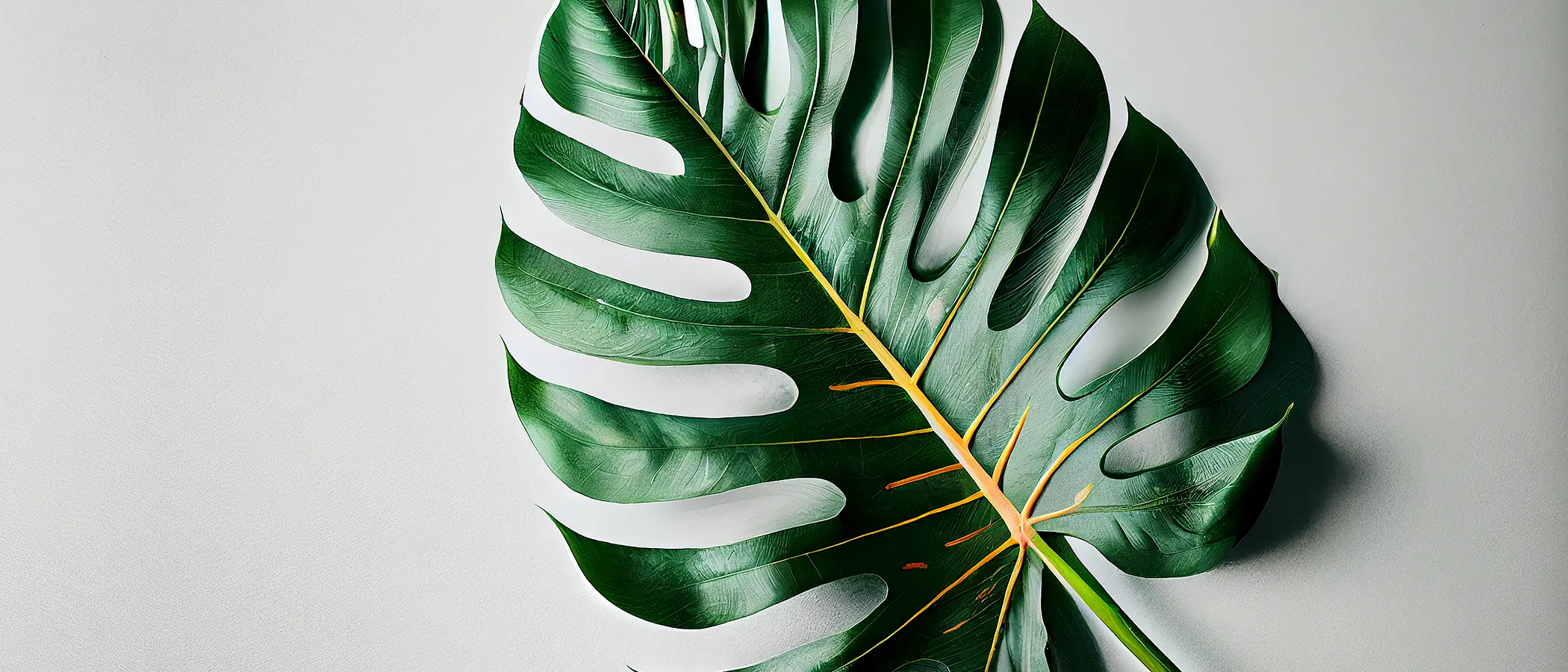 A single monstera leaf laid flat on a pale grey surface