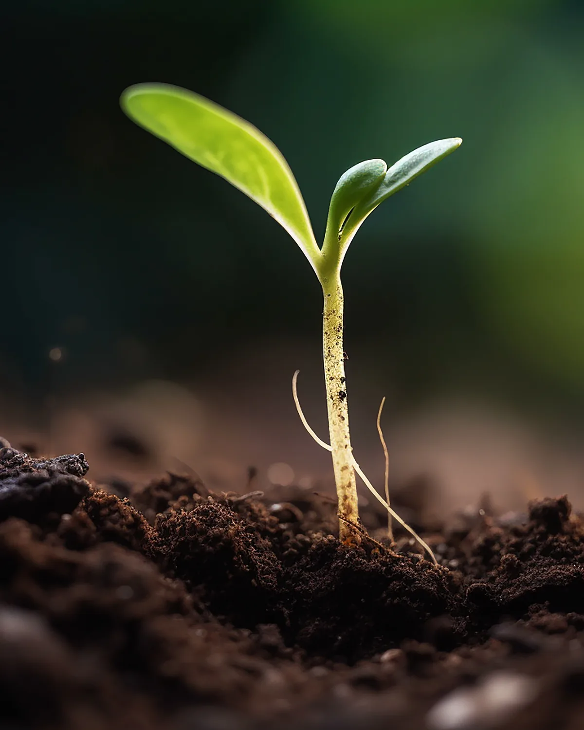 A seedling with two pale leaves rising from dark crumbly soil