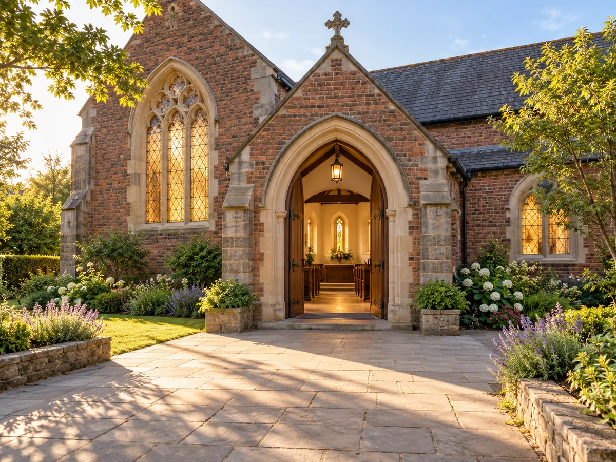 Sunlit brick church with an open entrance and an accessible approach