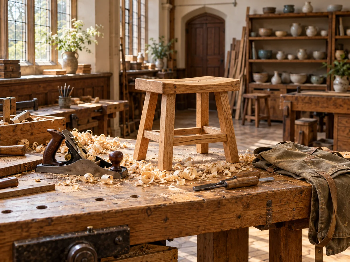 Oak workbench with a hand plane, wood shavings and a handmade stool