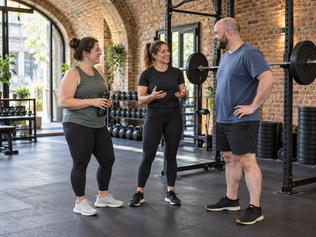 A coach chatting with two members in a bright brick-arch strength studio
