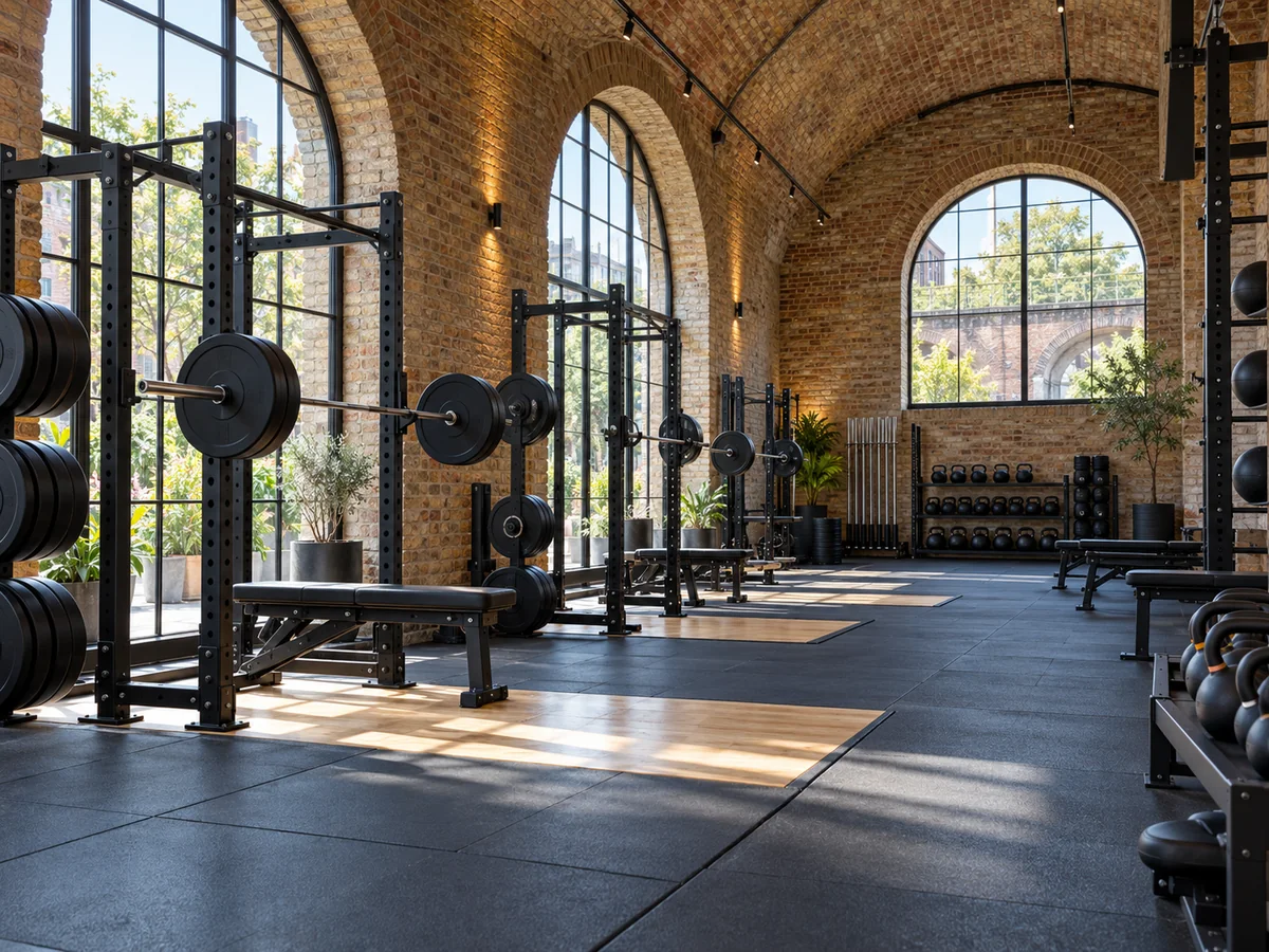 A bright brick-arch training floor with tidy barbells and lifting platforms