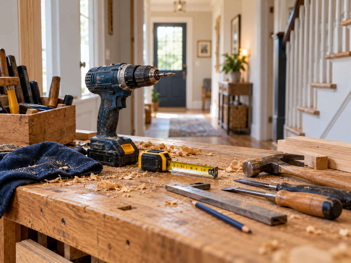 Hand tools and a cordless drill on an oak workbench in a bright home hallway