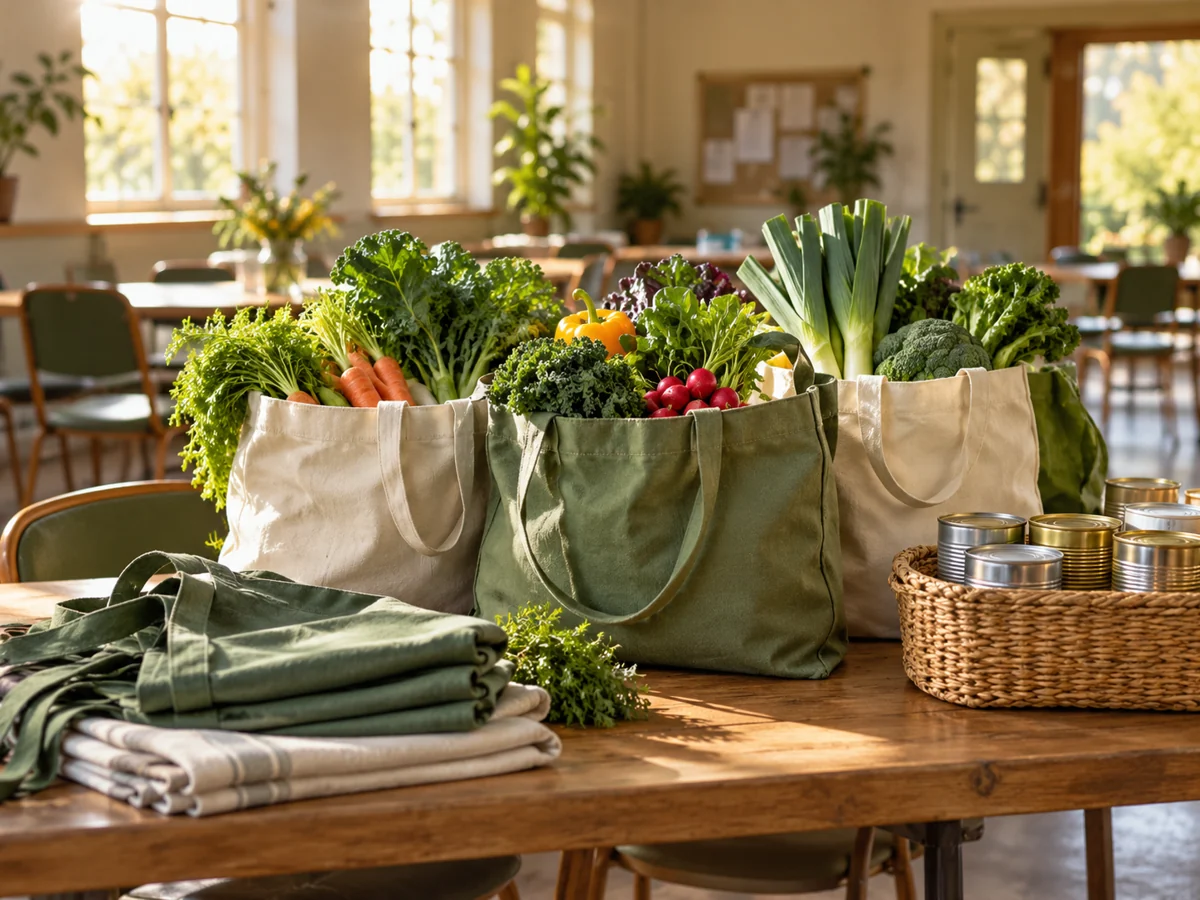 Reusable bags of fresh vegetables and folded aprons on a community hall table