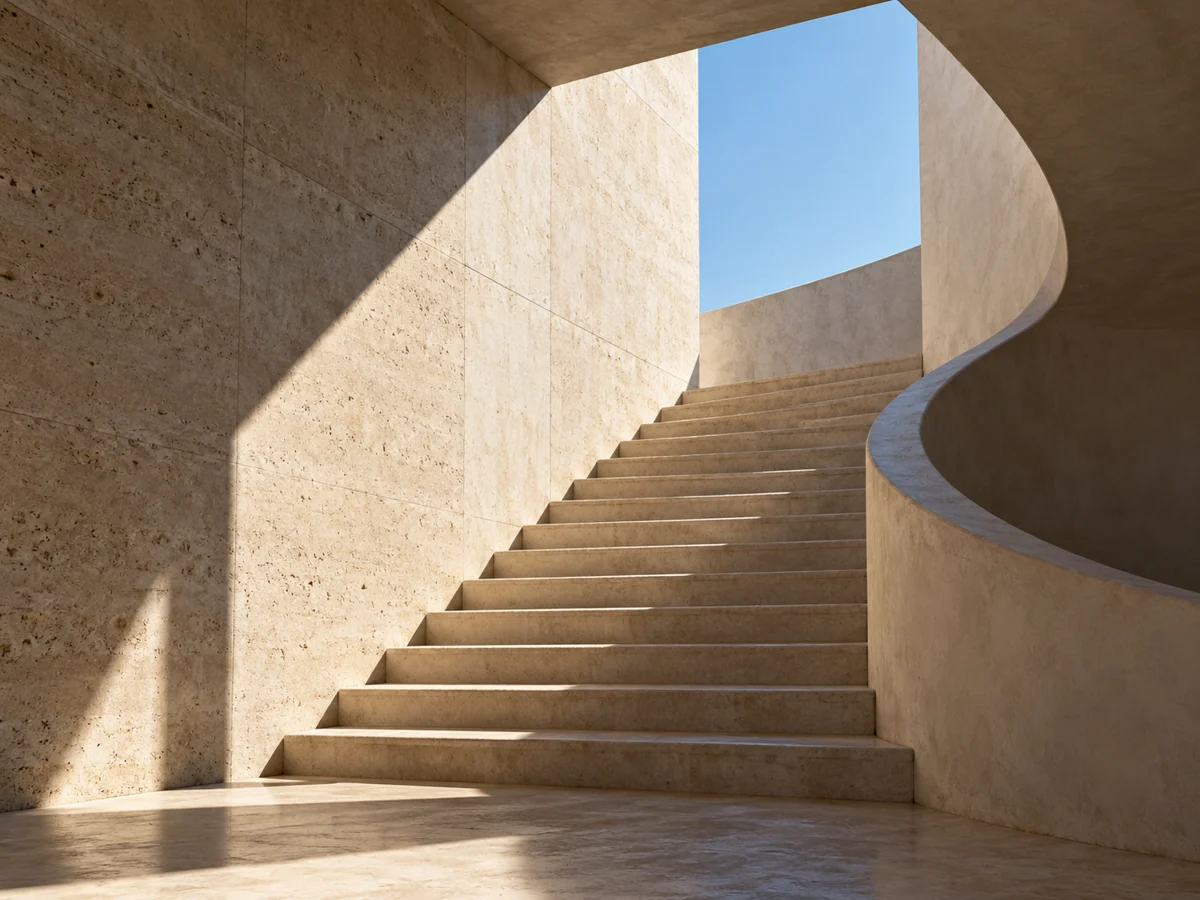 A curved stone staircase with angular sunlight and a blue-sky opening