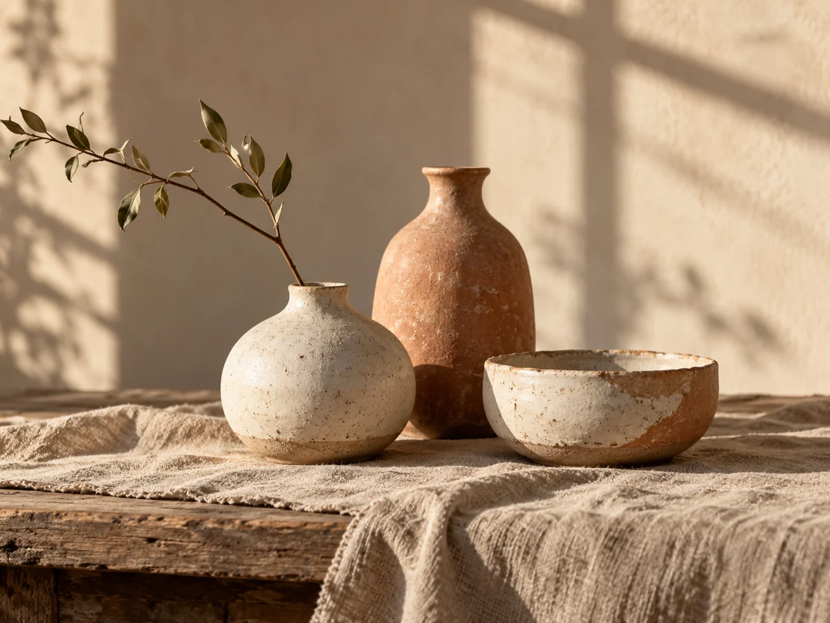 Three handmade ceramic vessels on linen in warm window light