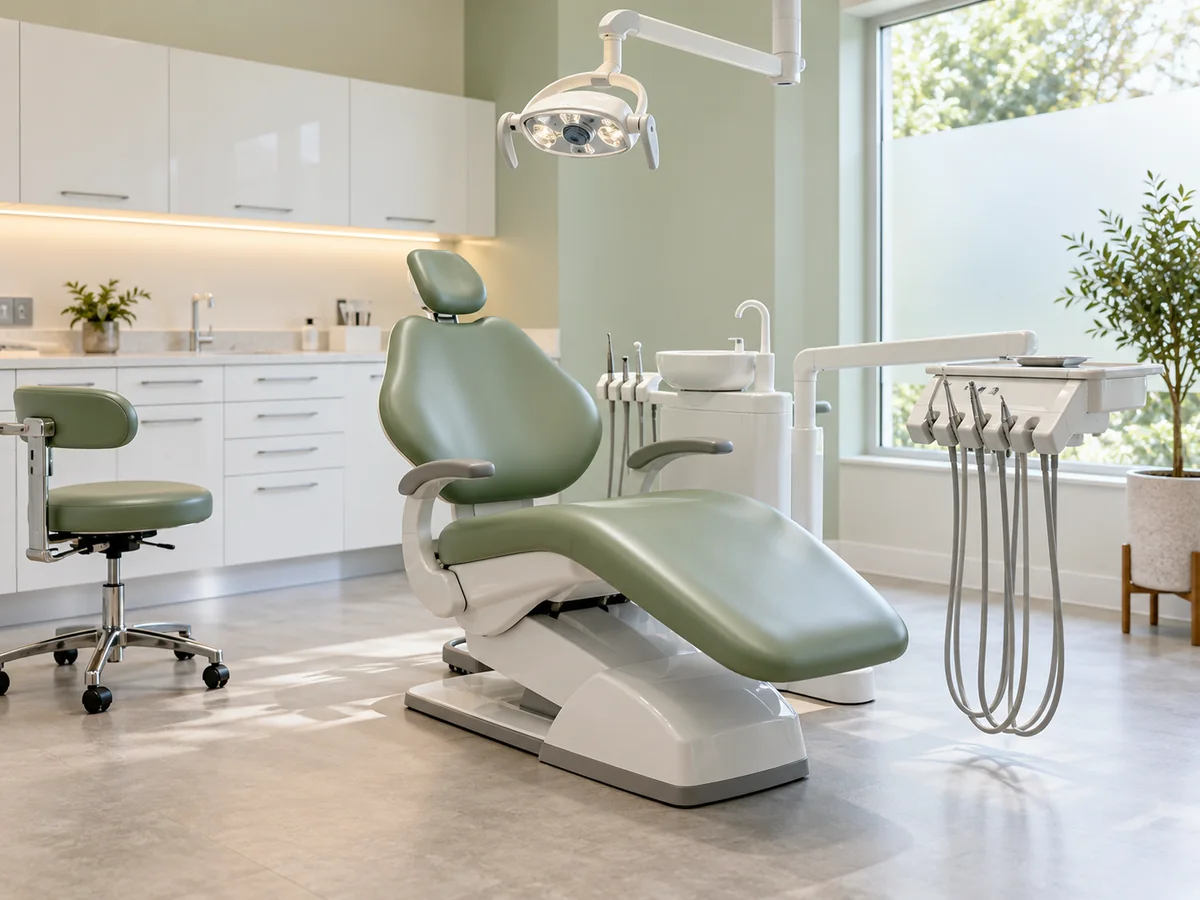 Bright dental surgery with a sage-green chair and modern equipment