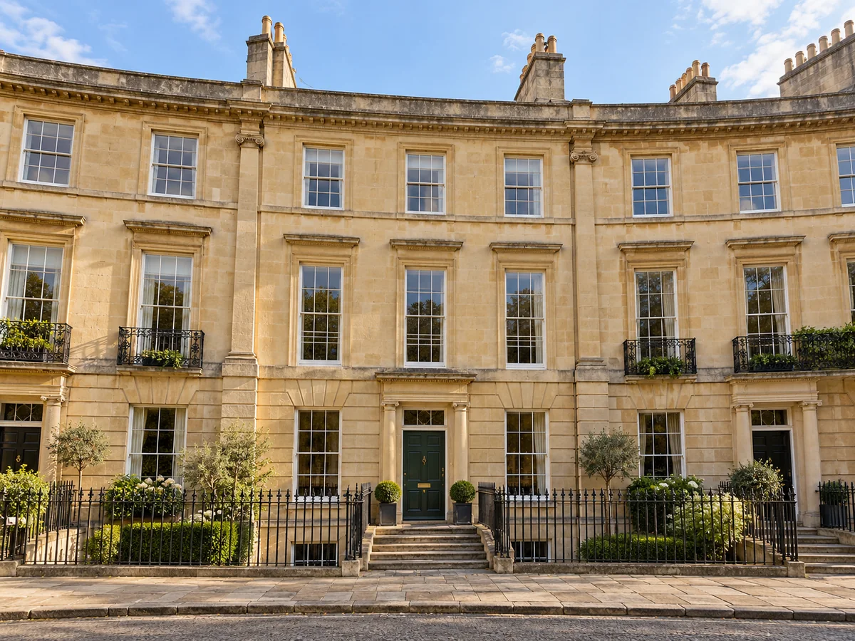 Fictional Georgian limestone townhouse with a green front door