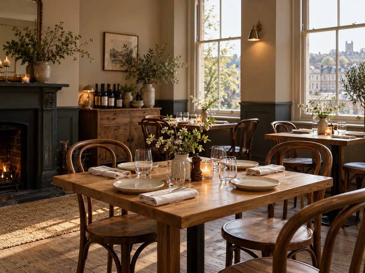 A warm dining room set with oak tables and linen napkins