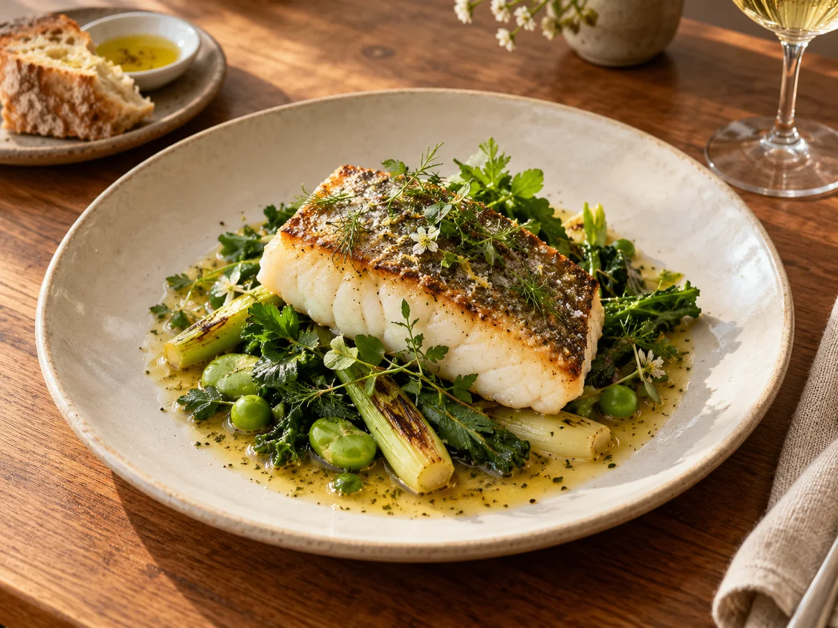 Roasted fish with spring greens and herbs on a ceramic plate