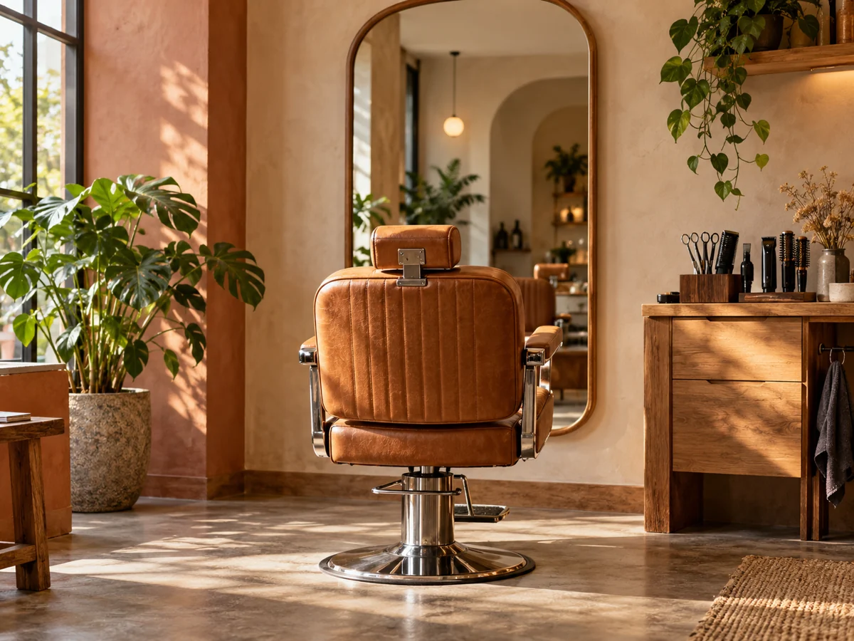 Tan styling chair, rounded mirror and neatly arranged tools in a warm independent hair studio