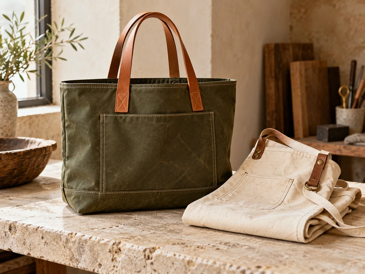 Olive canvas tote with leather handles and a natural canvas apron