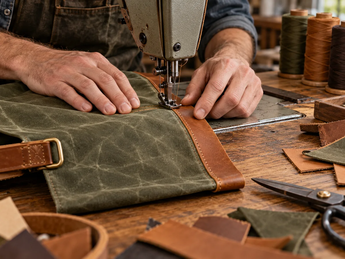 Canvas and leather being stitched at a workshop bench