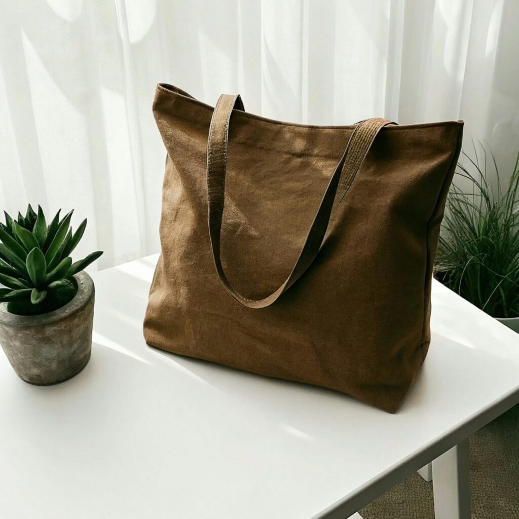 A brown waxed canvas tote with long canvas straps standing on a white table beside a potted succulent