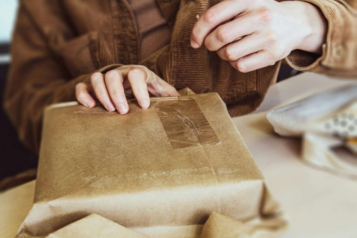 An order being folded into brown paper and taped shut on the packing bench at Rowan & Reed