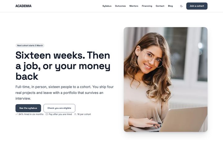 Academia — Bootcamp WordPress theme demo home page