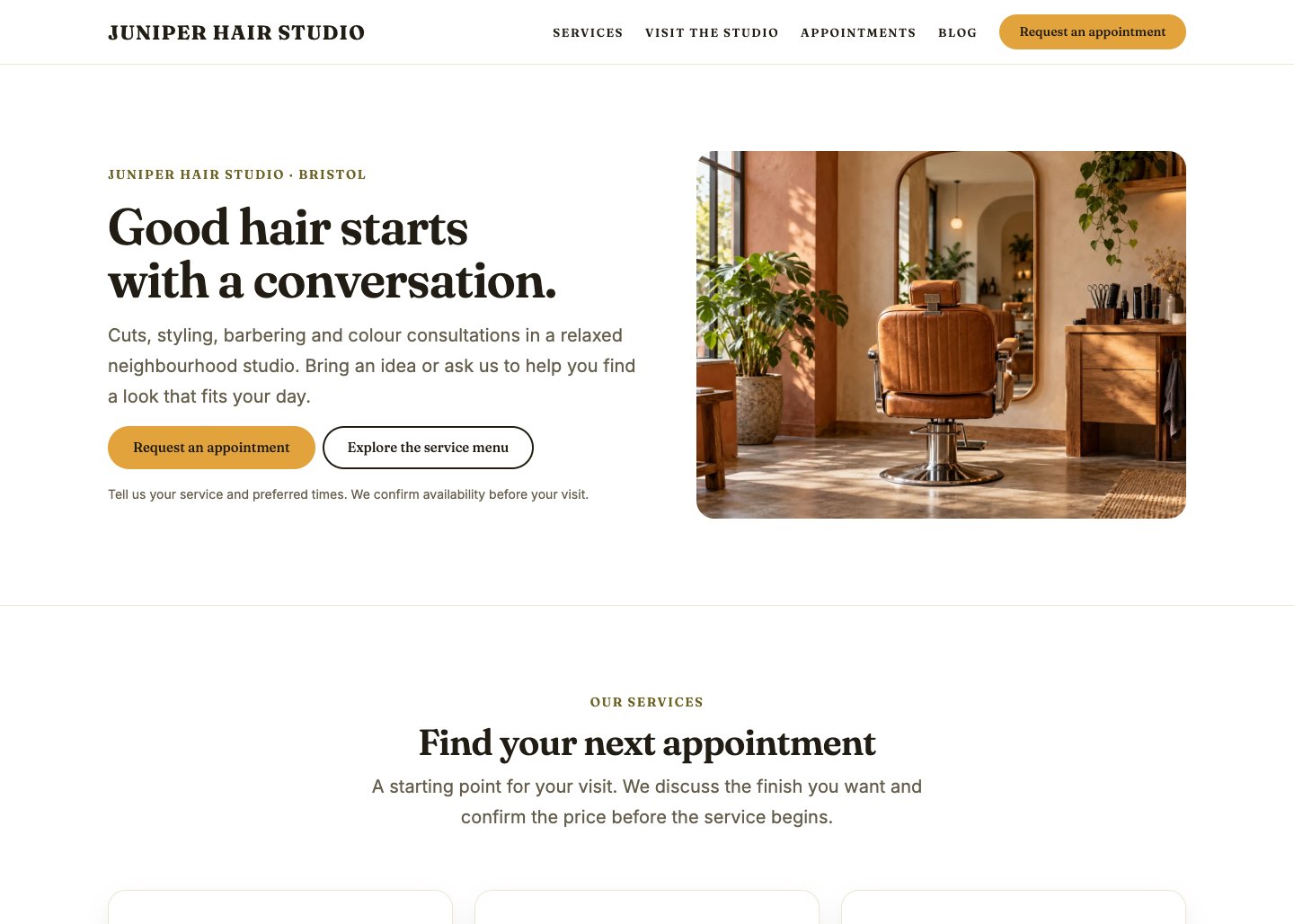 Unapp: Salon & Barber WordPress theme demo home page